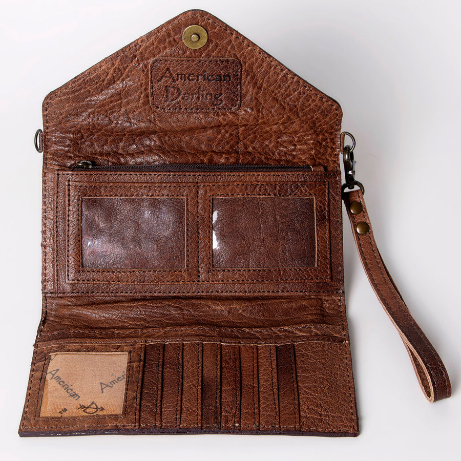 American Darling Envelope Western Hand Tooled Genuine Leather and Saddle Blanket Purse with Wristlet and YKK Zipper