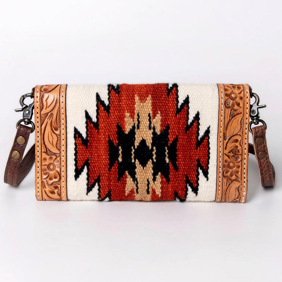 American Darling Envelope Western Hand Tooled Genuine Leather and Saddle Blanket Purse with Wristlet and YKK Zipper