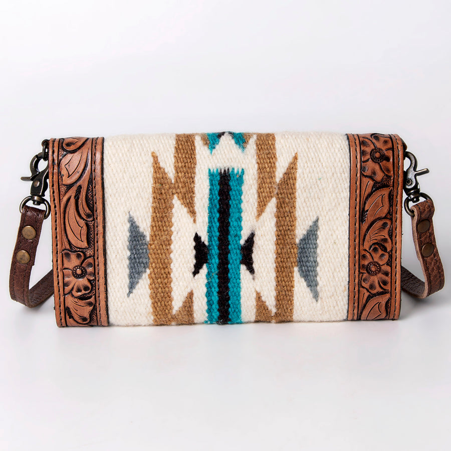American Darling Envelope Western Hand Tooled Genuine Leather and Saddle Blanket Purse with Wristlet and YKK Zipper