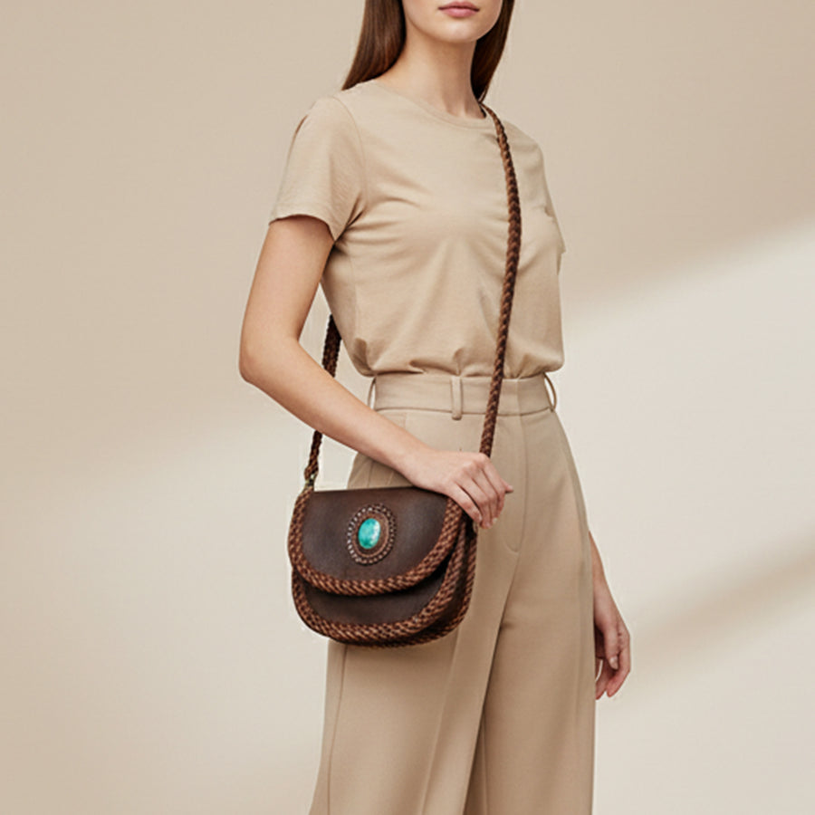 American Darling Cross body Bag Western Genuine Leather Handcrafted Purse with Turquoise Stone and Braided Detail