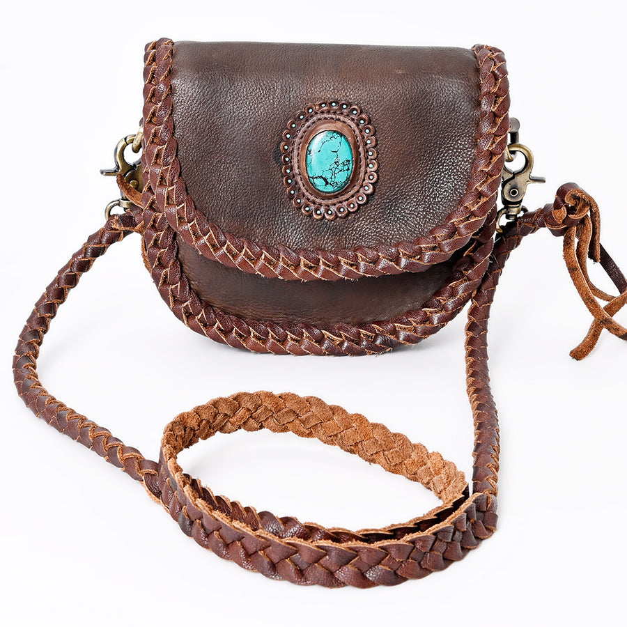 American Darling Cross body Bag Western Genuine Leather Handcrafted Purse with Turquoise Stone and Braided Detail