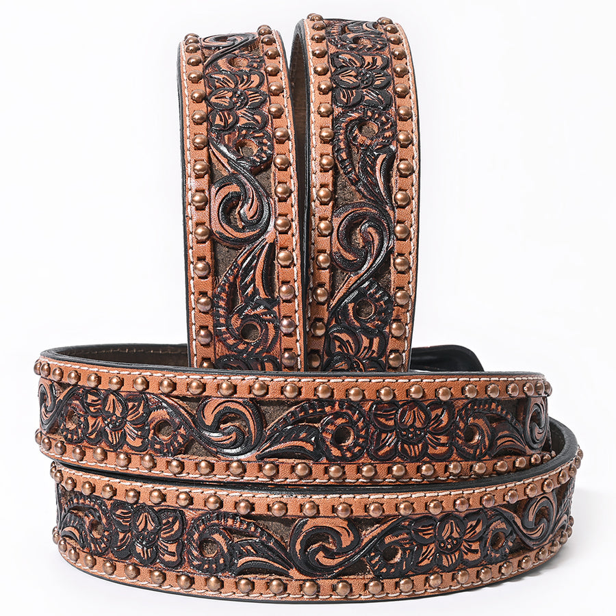 BAR H EQUINE Brown Turquoise Buckstitch Floral Carved Genuine Leather Men & Women Belt Unisex Western with Removable Buckle