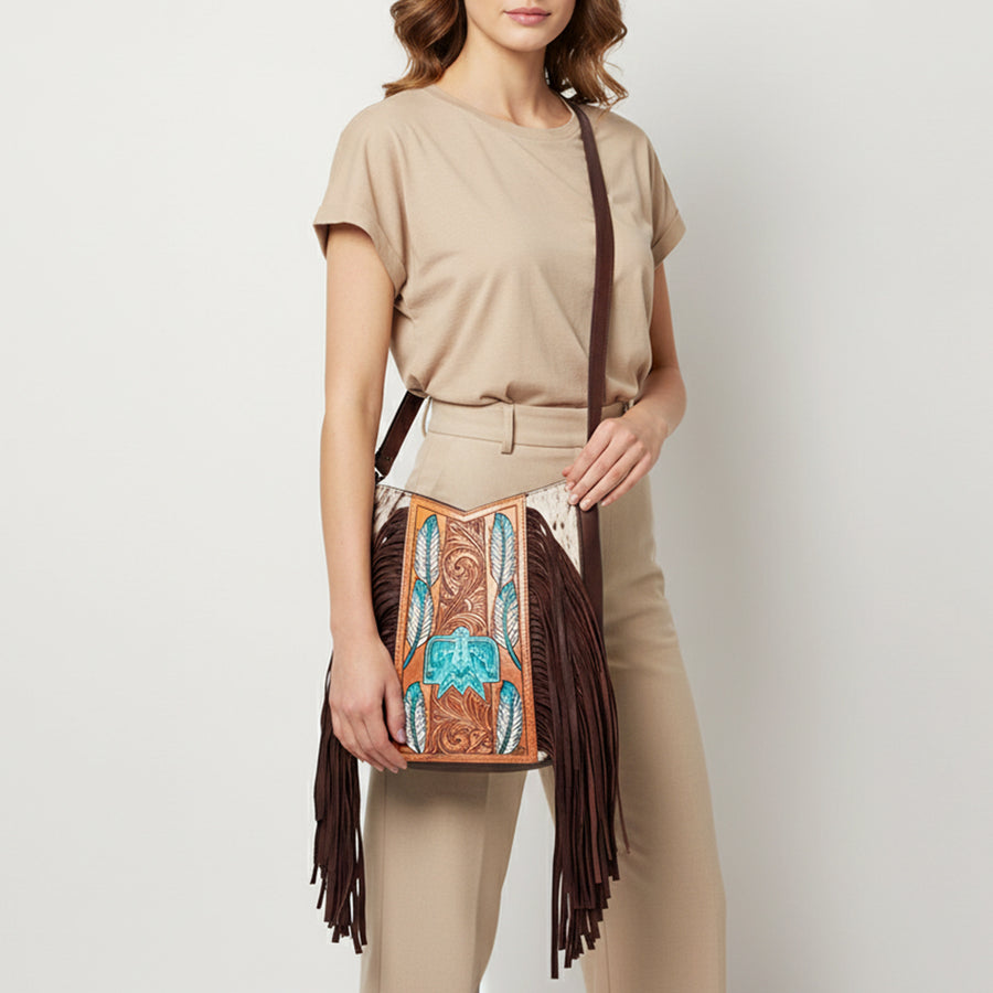 American Darling Large Crossbody Hand Tooled Hair On Genuine Leather Women Bag Western Handbag Purse