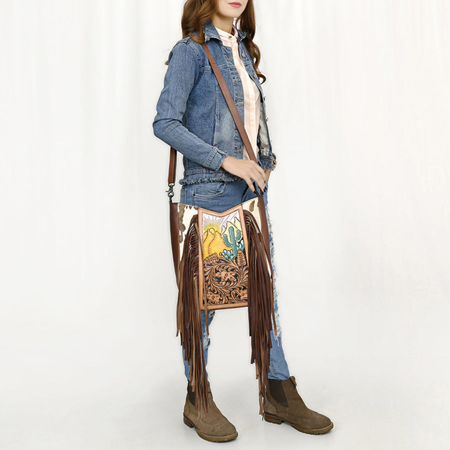 American Darling Large Crossbody Hand Tooled Hair On Genuine Leather Women Bag Western Handbag Purse