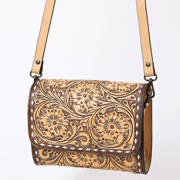 Brown leather tooled crossbody bag with floral design - Uhorse