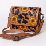 American Darling Cross Body I Hand Tooled Genuine Leather Women Bag Western Handbag Purse - Cheetah Sunflower