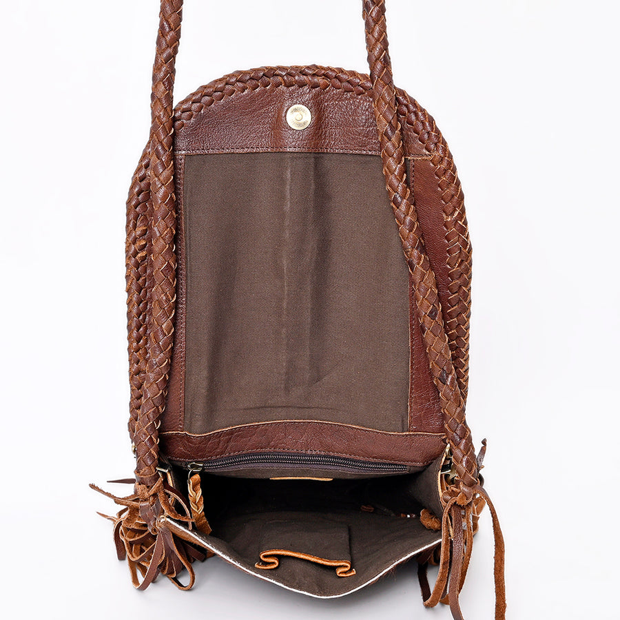 American Darling Messenger Bag Western Genuine Leather Handcrafted Purse with Fringes, Braided Strap and Turquoise Stone