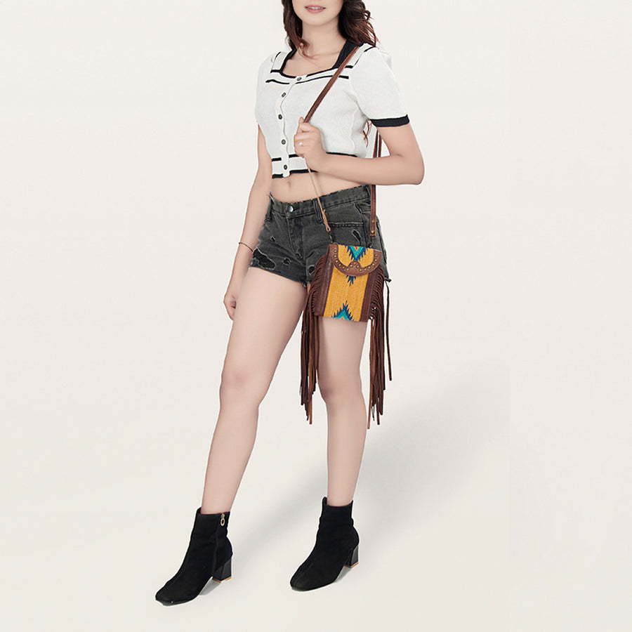 American Darling Cell phone holder, Hair-On Cowhide & Genuine Vegetable-Tanned Leather, Small Western Crossbody Purse
