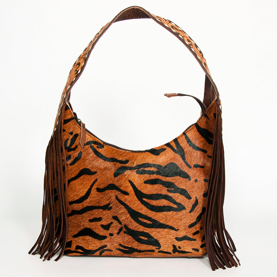 American Darling Hobo Bag for Women, Hand Tooled Floral Leather & Hair-On Cowhide Western Purse with Fringes & YKK Zipper