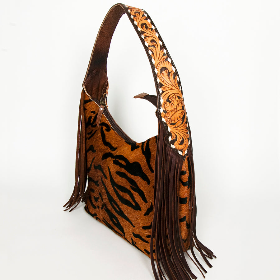 American Darling Hobo Bag for Women, Hand Tooled Floral Leather & Hair-On Cowhide Western Purse with Fringes & YKK Zipper