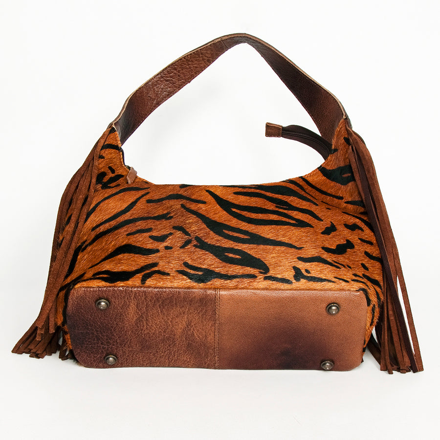 American Darling Hobo Bag for Women, Hand Tooled Floral Leather & Hair-On Cowhide Western Purse with Fringes & YKK Zipper