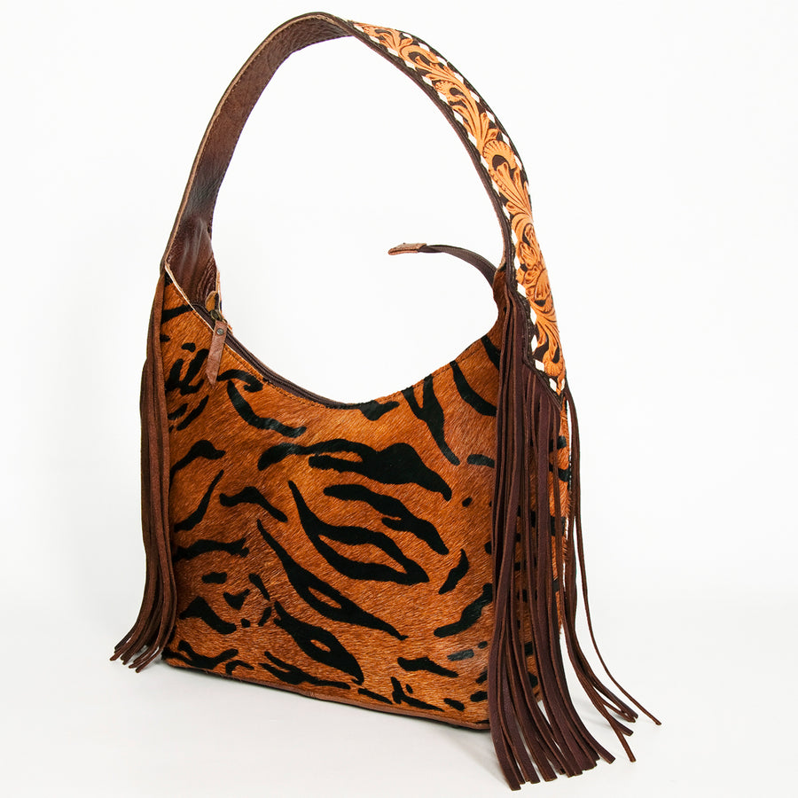 American Darling Western Leather Hobo Bag - Hand Tooled Cowhide and Fringe Purse - Uhorse