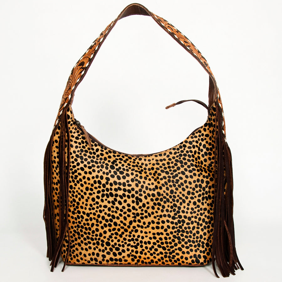 American Darling Hobo Bag for Women, Hand Tooled Floral Leather & Hair-On Cowhide Western Purse with Fringes & YKK Zipper