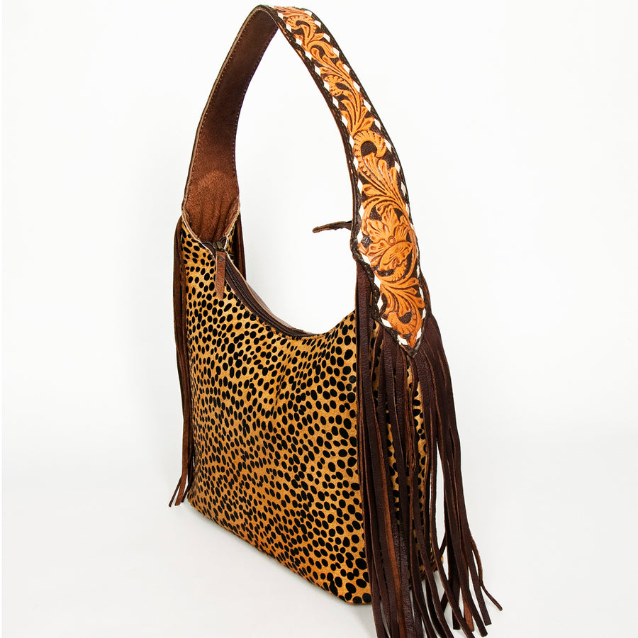 American Darling Hobo Bag for Women, Hand Tooled Floral Leather & Hair-On Cowhide Western Purse with Fringes & YKK Zipper