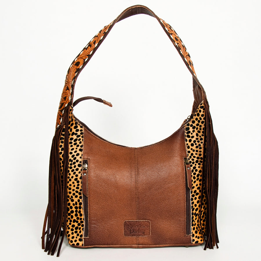American Darling Hobo Bag for Women, Hand Tooled Floral Leather & Hair-On Cowhide Western Purse with Fringes & YKK Zipper