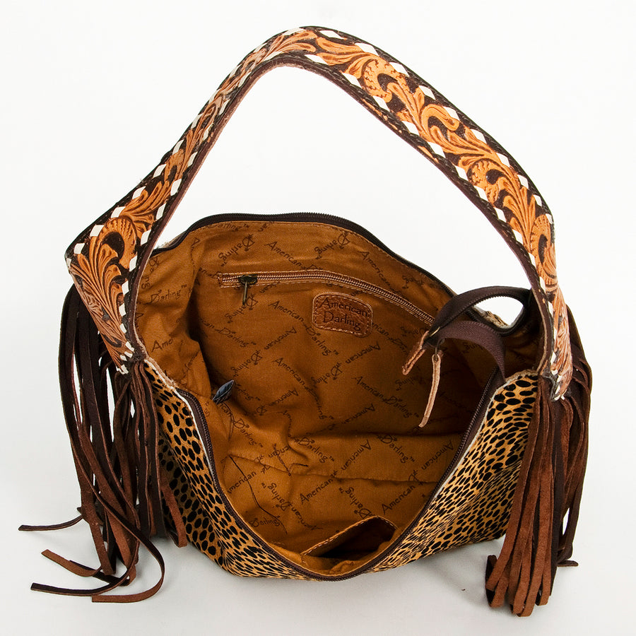 American Darling Hobo Bag for Women, Hand Tooled Floral Leather & Hair-On Cowhide Western Purse with Fringes & YKK Zipper