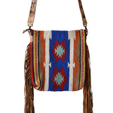 Woven geometric crossbody bag with leather fringe and tooled strap - Hilason
