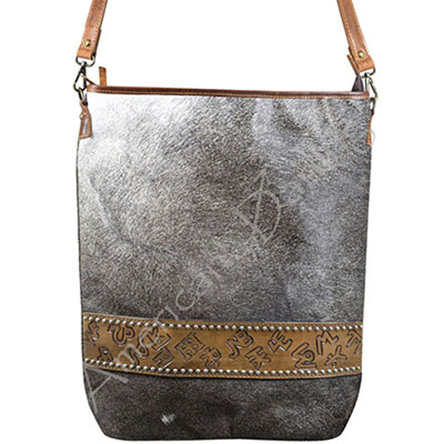 American Darling Large Cross body Bag Handcrafted from Hair-On Cowhide & Hand Tooled Genuine Leather with Fringes