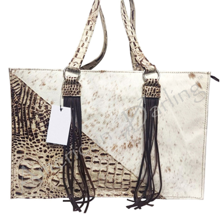 Cream and black hair-on-hide leather tote bag with fringe - Uhorse