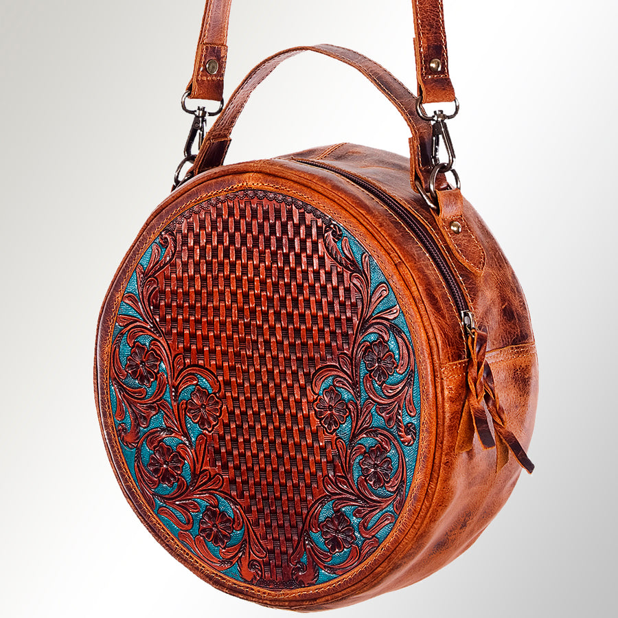 American Darling Canteen Bag Handcrafted from Hand Tooled Floral Leather and Full Grain Leather with YKK Zipper