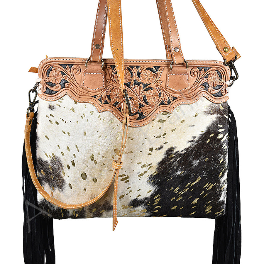 Cowhide leather tote bag with tooled trim and fringe - Hilason
