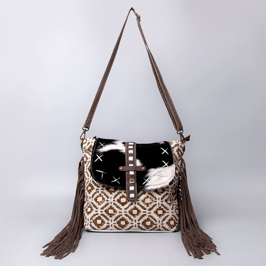 OHLAY Cross Body Upcycled Wool Canvas Hair-On Genuine Leather Women Bag Western Handbag Purse Womens Handbags Belt for Summer