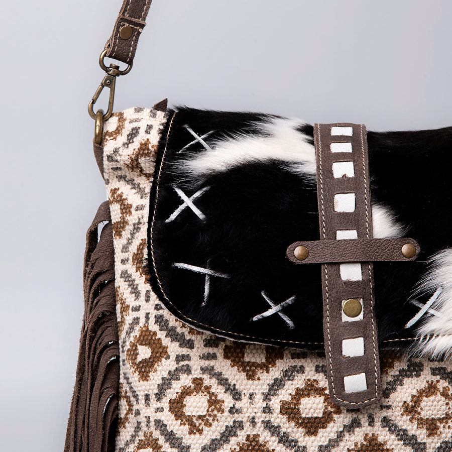 OHLAY Cross Body Upcycled Wool Canvas Hair-On Genuine Leather Women Bag Western Handbag Purse Womens Handbags Belt for Summer