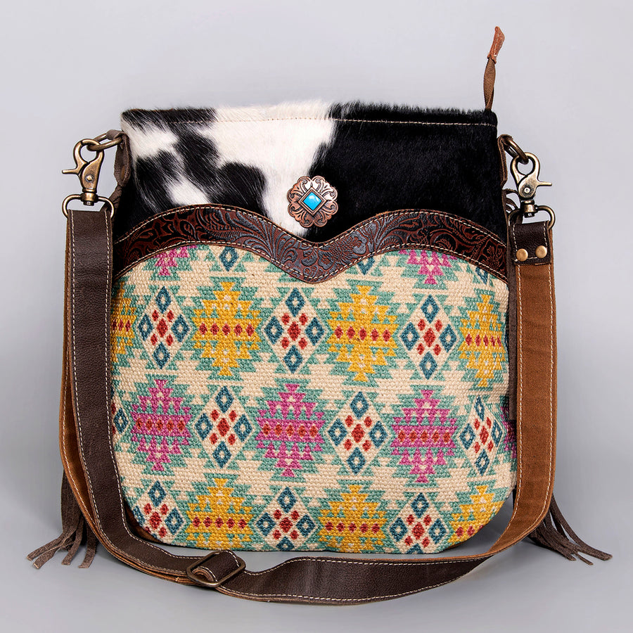 OHLAY Cross Body Upcycled Wool Canvas Embossed Hair-On Genuine Leather Women Bag Western Handbag Purse Womens Handbags