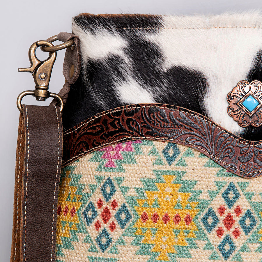 OHLAY Cross Body Upcycled Wool Canvas Embossed Hair-On Genuine Leather Women Bag Western Handbag Purse Womens Handbags