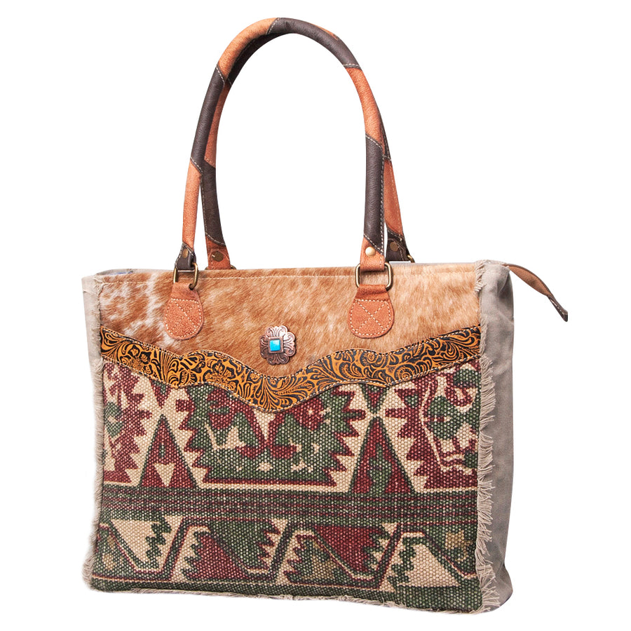 OHLAY KB472 TOTE Upcycled Wool Canvas Embossed Hair-on Genuine Leather by Hilason – Cowboy and equestrian accessories