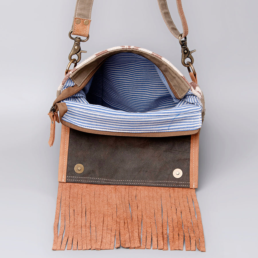 OHLAY Cross Body Upcycled Wool Canvas Hair-On Genuine Leather Women Bag Western Handbag Purse Womens Handbags Belt for Summer