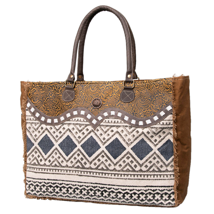 OHLAY WEEKENDER Upcycled Wool Upcycled Canvas Embossed Genuine Leather women bag western handbag purse - Uhorse