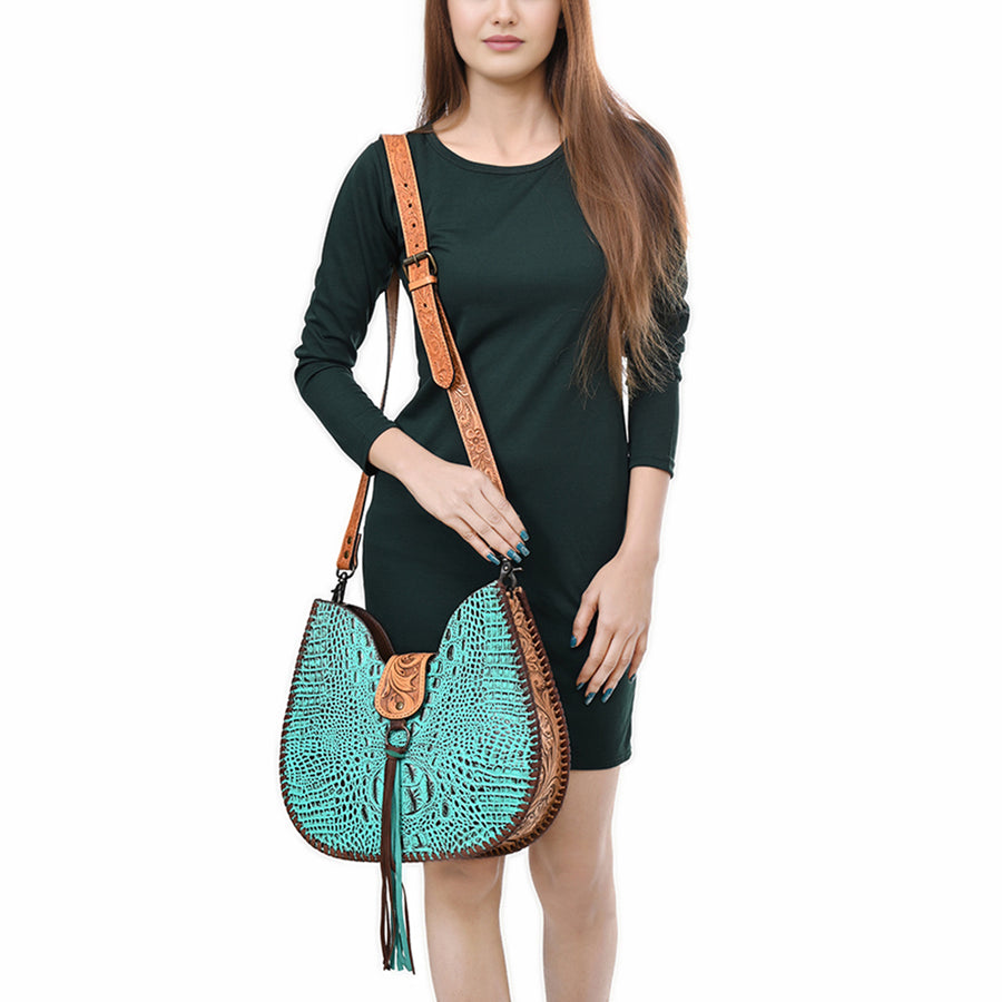 American Darling Turquoise Crocodile Embossed Leather Hobo Bag – Hand Tooled, Genuine Leather, Adjustable Strap, Western Handmade Purse