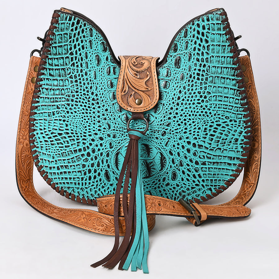 American Darling Turquoise Crocodile Embossed Leather Hobo Bag – Hand Tooled, Genuine Leather, Adjustable Strap, Western Handmade Purse