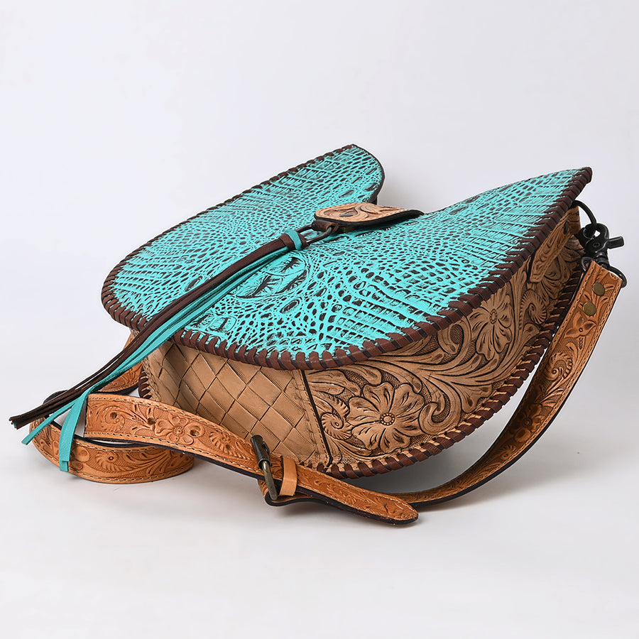 American Darling Turquoise Crocodile Embossed Leather Hobo Bag – Hand Tooled, Genuine Leather, Adjustable Strap, Western Handmade Purse