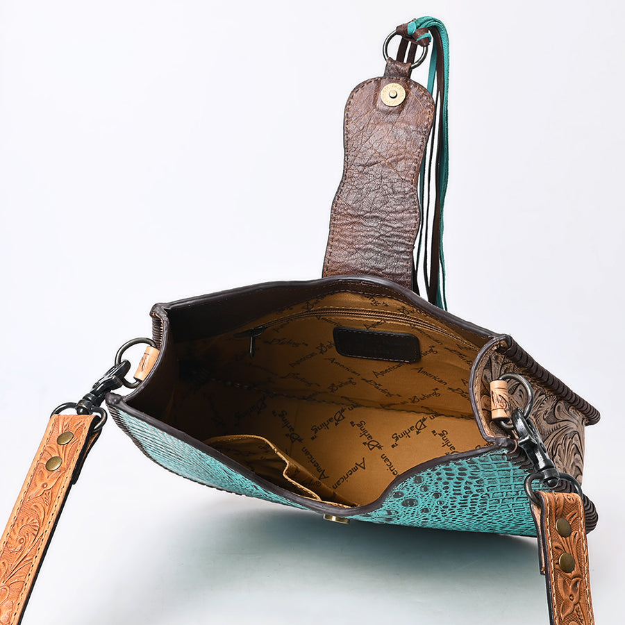 American Darling Turquoise Crocodile Embossed Leather Hobo Bag – Hand Tooled, Genuine Leather, Adjustable Strap, Western Handmade Purse