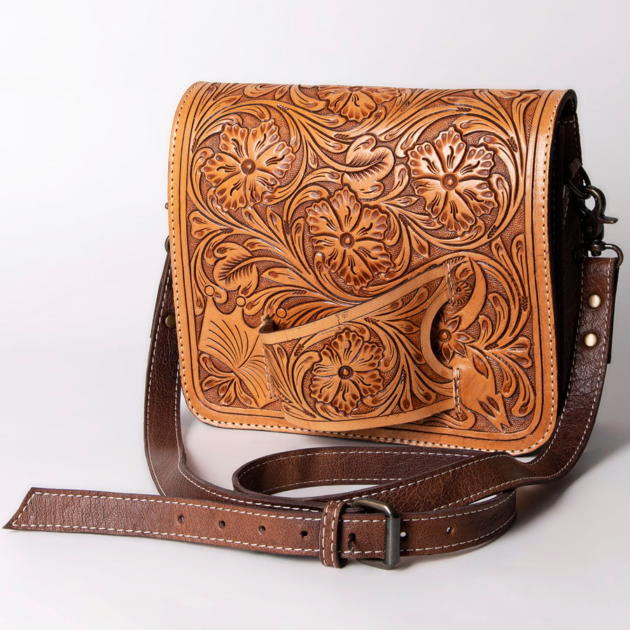 American Darling Hand-Tooled Western Leather Crossbody Bag Genuine Floral Tooled Purse - Uhorse