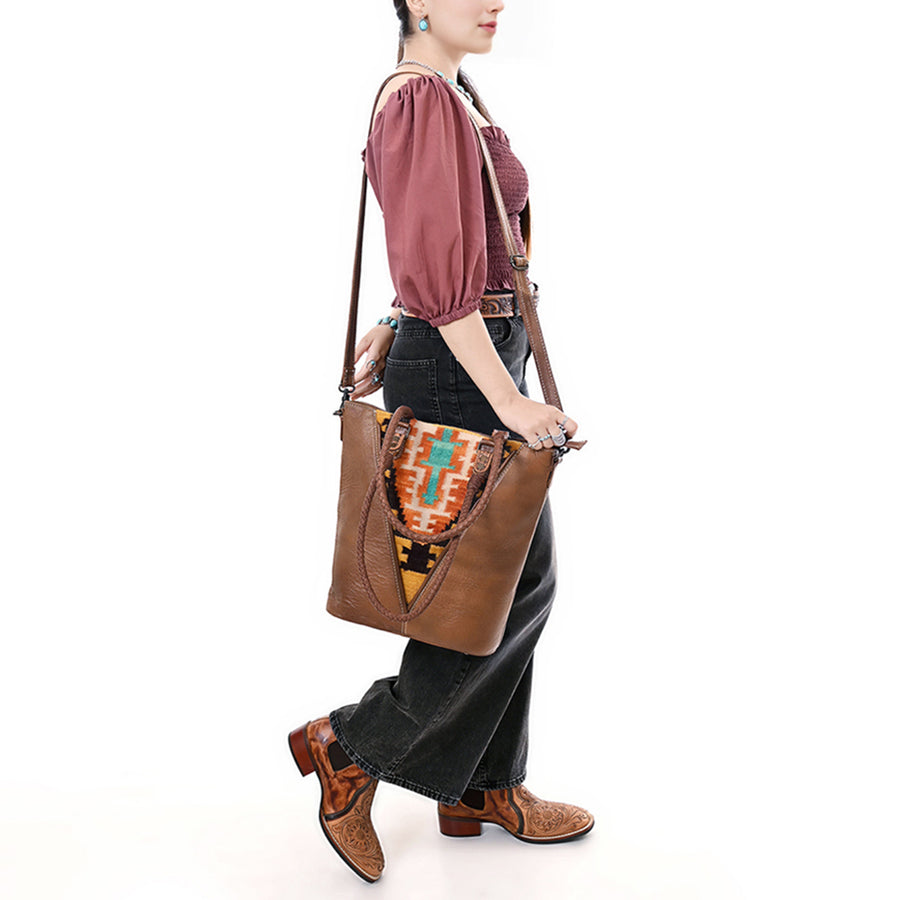 American Darling Leather Tote – Hand Woven Saddle Blanket Accents, Premium Western Leather Handbag