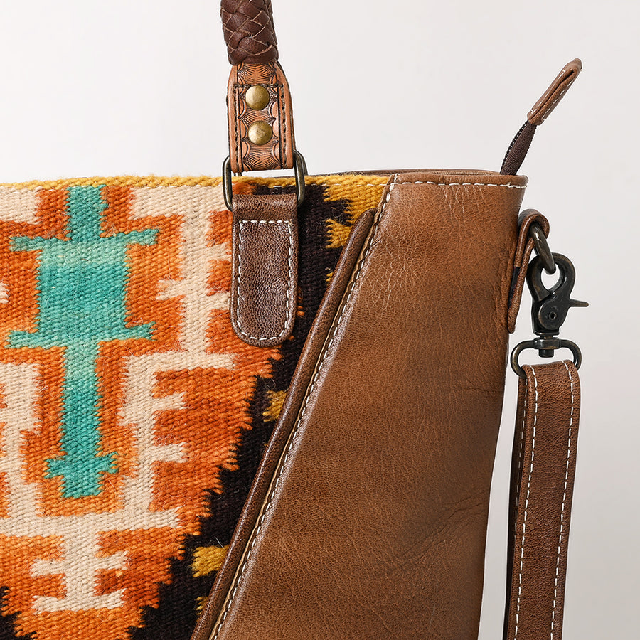 American Darling Leather Tote – Hand Woven Saddle Blanket Accents, Premium Western Leather Handbag