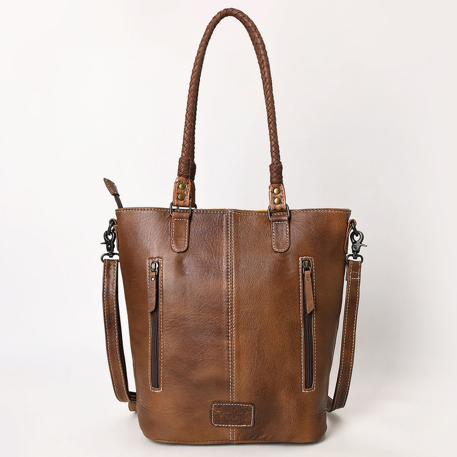 American Darling Leather Tote – Hand Woven Saddle Blanket Accents, Premium Western Leather Handbag
