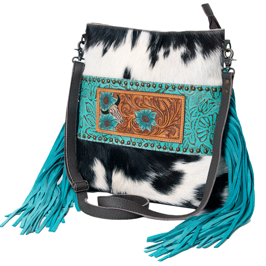 OHLAY Messenger Hand Tooled Embossed Hair-on Genuine Leather women bag western handbag purse - Uhorse