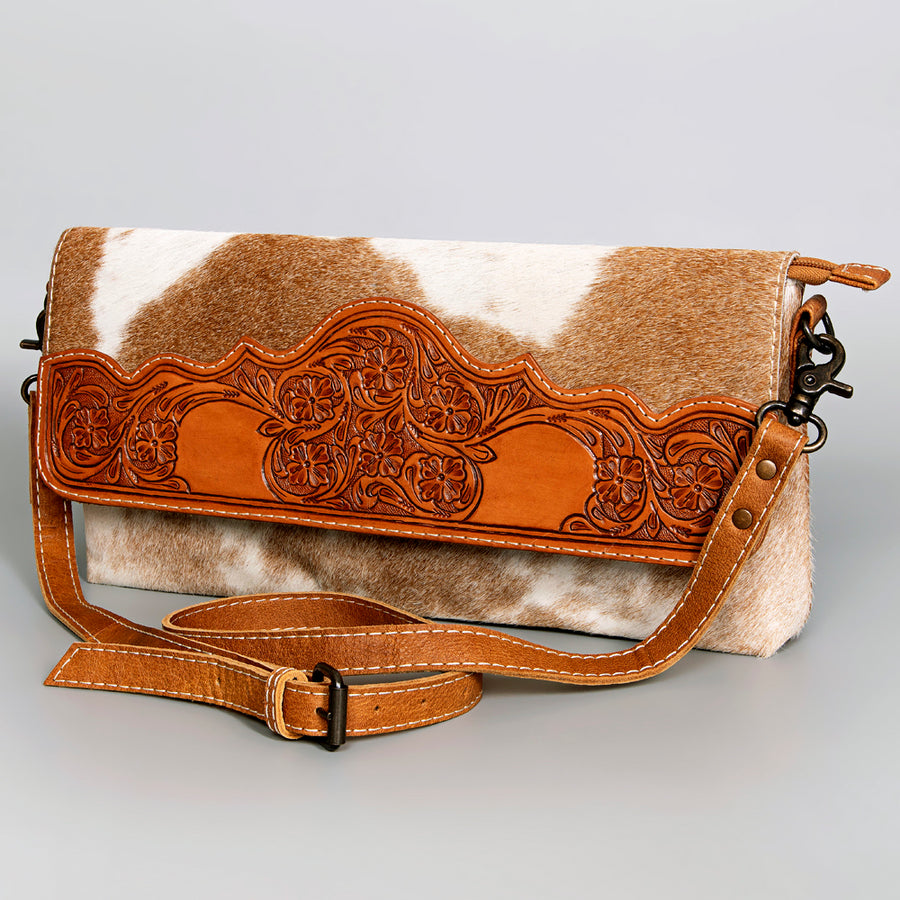 American Darling Hair-on Cowhide Leather Small Crossbody Bag Floral Tooled Design Western Handbag - Uhorse