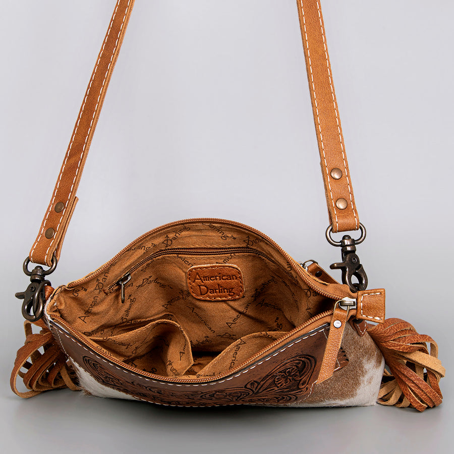 American Darling Hair-on Cowhide Leather Crossbody Bag – Floral Tooled, Western Style Handbag, Premium Leather