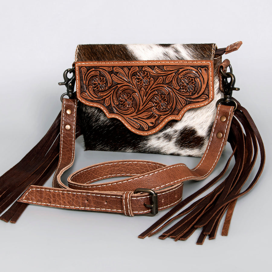 American Darling Hair-on Cowhide Leather Envelope Bag Floral Tooling and Fringes Western Handbag - Uhorse