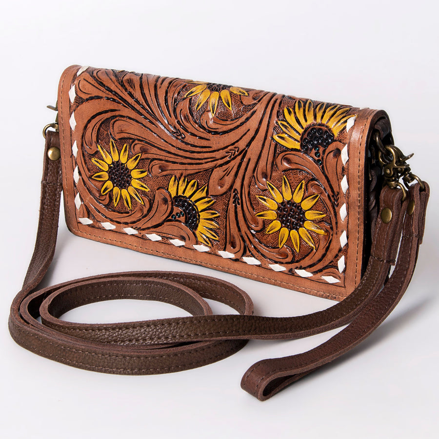 Brown leather crossbody bag with sunflower tooling - Uhorse