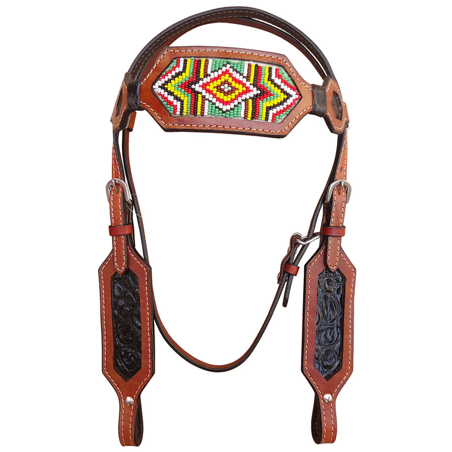 Leather headstall with beaded geometric pattern - Uhorse