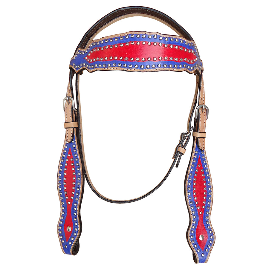 Studded leather horse headstall with red and blue bands - Hilason