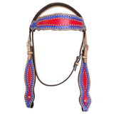 Studded leather horse headstall with red and blue bands - Hilason