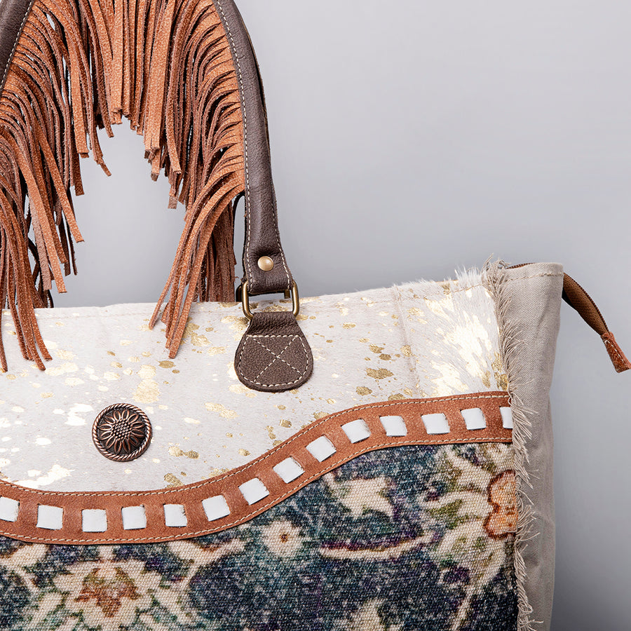 OHLAY Weekender Upcycled Canvas Hair-On Genuine Leather Women Bag Western Handbag Purse | Womens Handbags Belt for Summer