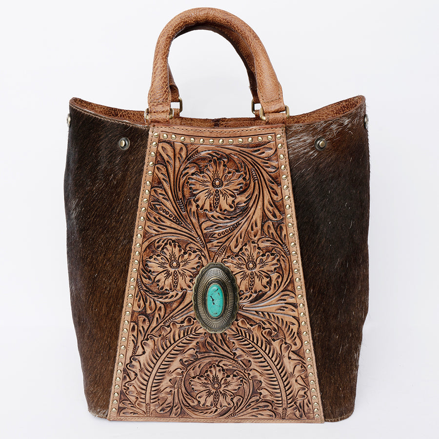 American Darling Tote Bag, Hand-Tooled Floral Western Leather Purse with Turquoise Stone, 12in (H) X 6.5in (W) X 12in (D)